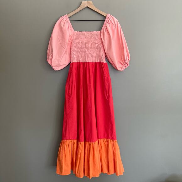 RHODE Eloise Smock Bodice Cotton Maxi Dress Size XS Pink Red Orange Tiered Chic - Picture 3 of 16